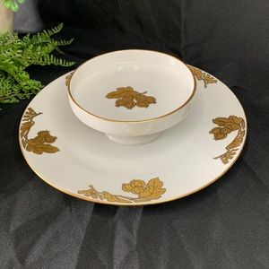 VTG / antique porcelain plate w/ attached footed bowl & Gilded Gold gooseberries